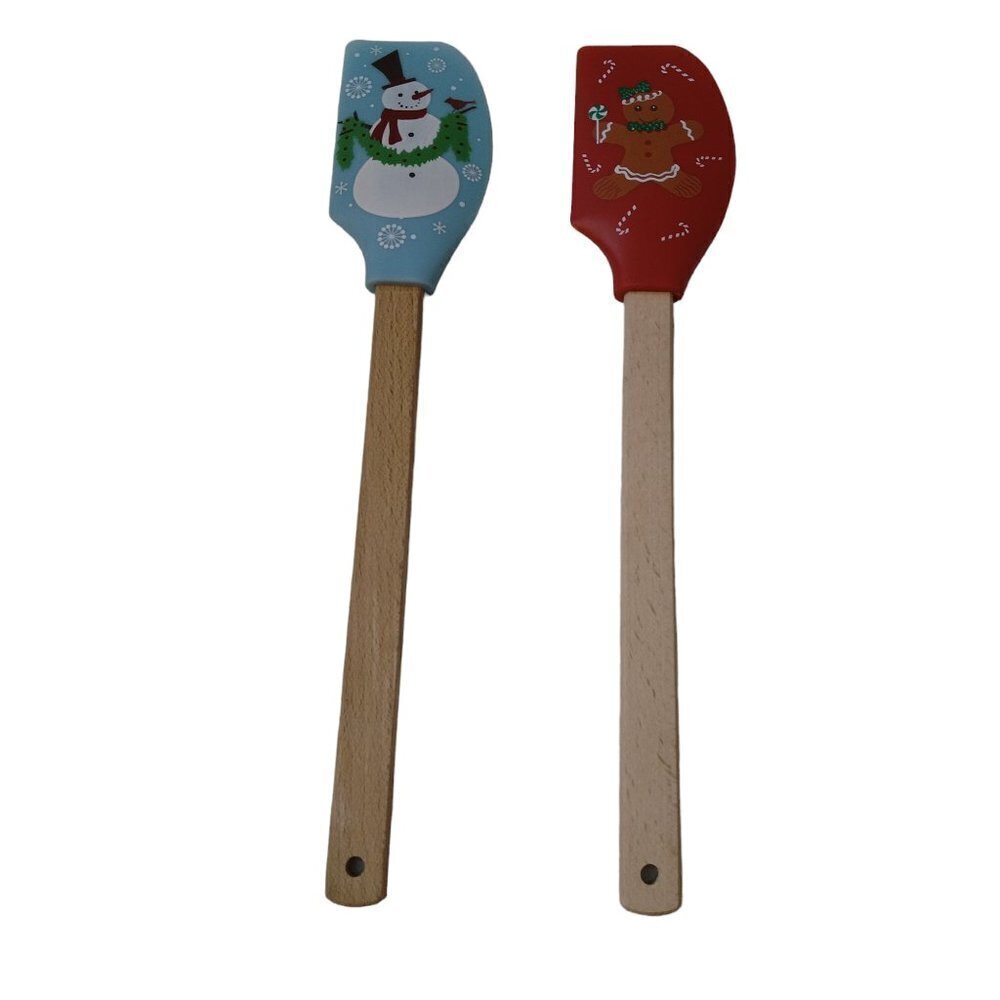 2 Christmas Spatulas Silicone Wood Handle Measurement Conversion On Back CB1